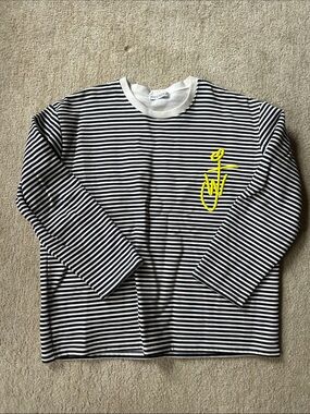 JW ANDERSON Mens Black & White Striped Long-Sleeve Tee w/ Yellow Logo Signature